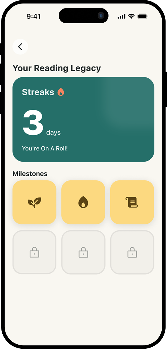 Reading Milestones โ streak, time read, and books finished tracked across sessions
